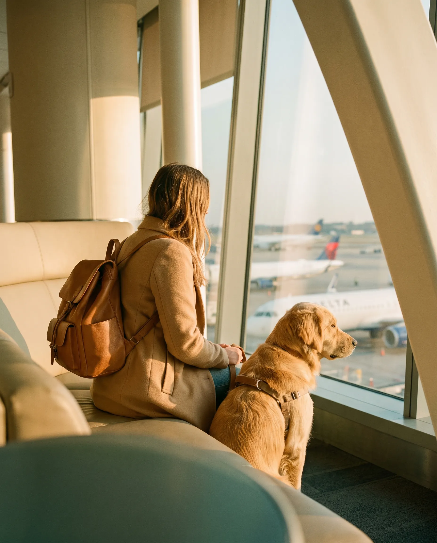 A traveller and her golden retriever watching planes from an airport lounge at golden hour